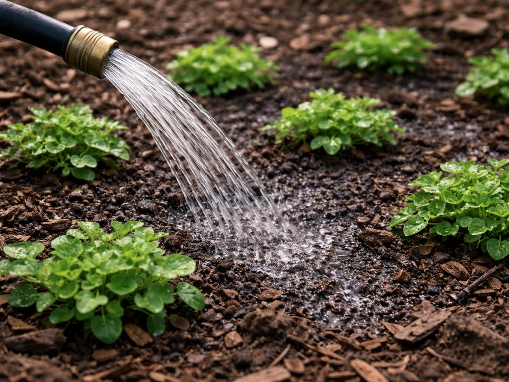 Watering freshly planted groundcovers with a hose, wet soil and mulch in a simple garden bed.