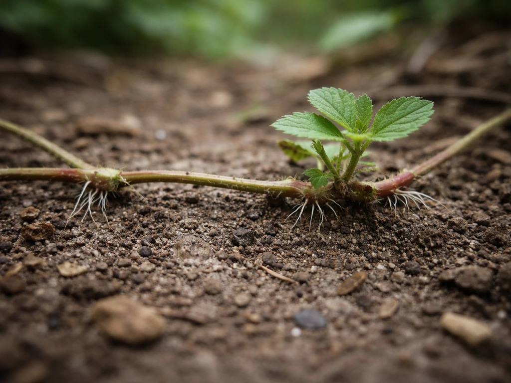 Close-up of a creeping ground plant showing nodes rooted into soil, with roots emerging where stems touch.
