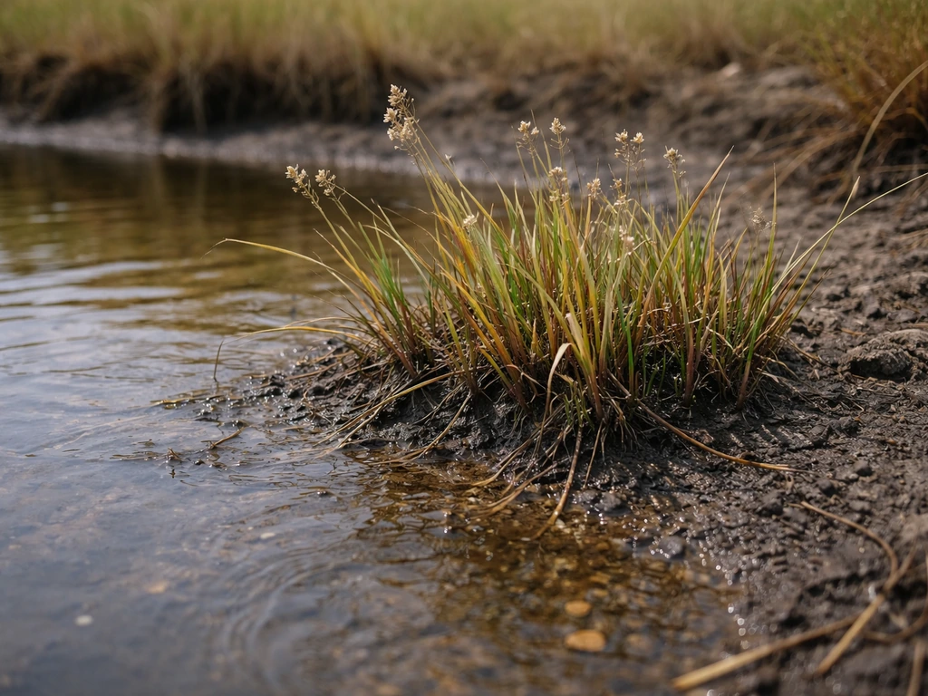 Closeup of marsh edge vegetation in muddy brackish water with wet ditch plants and silt.
