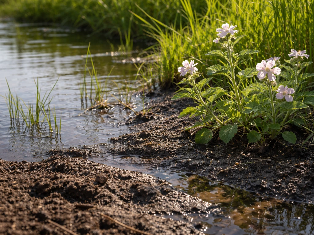 Close view of a sunny marsh edge with shallow water, wet fertile mud, and marsh plants.