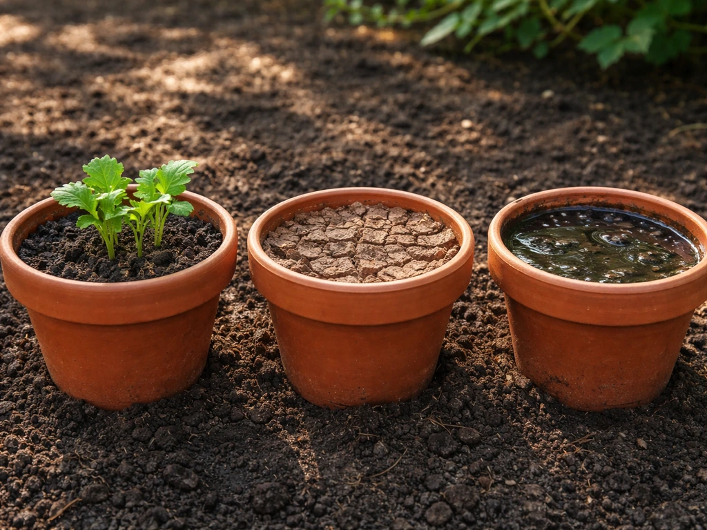 Three potted marsh-mallow setups in sun: one moist wet-edge thriving, one too dry, one waterlogged.