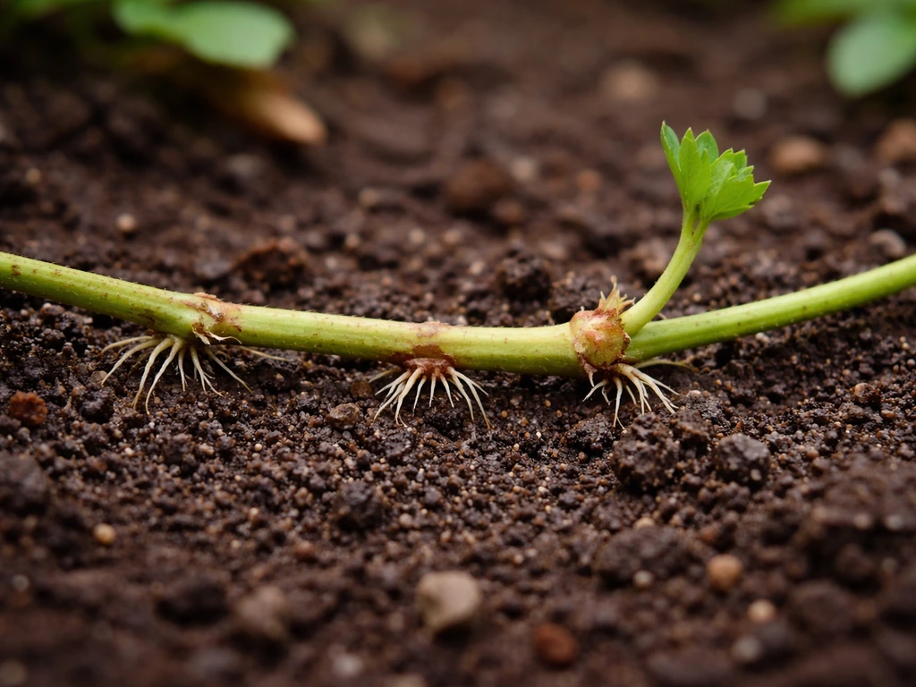 Close-up of a stolon on moist soil, with rooting nodes and a small emerging shoot.