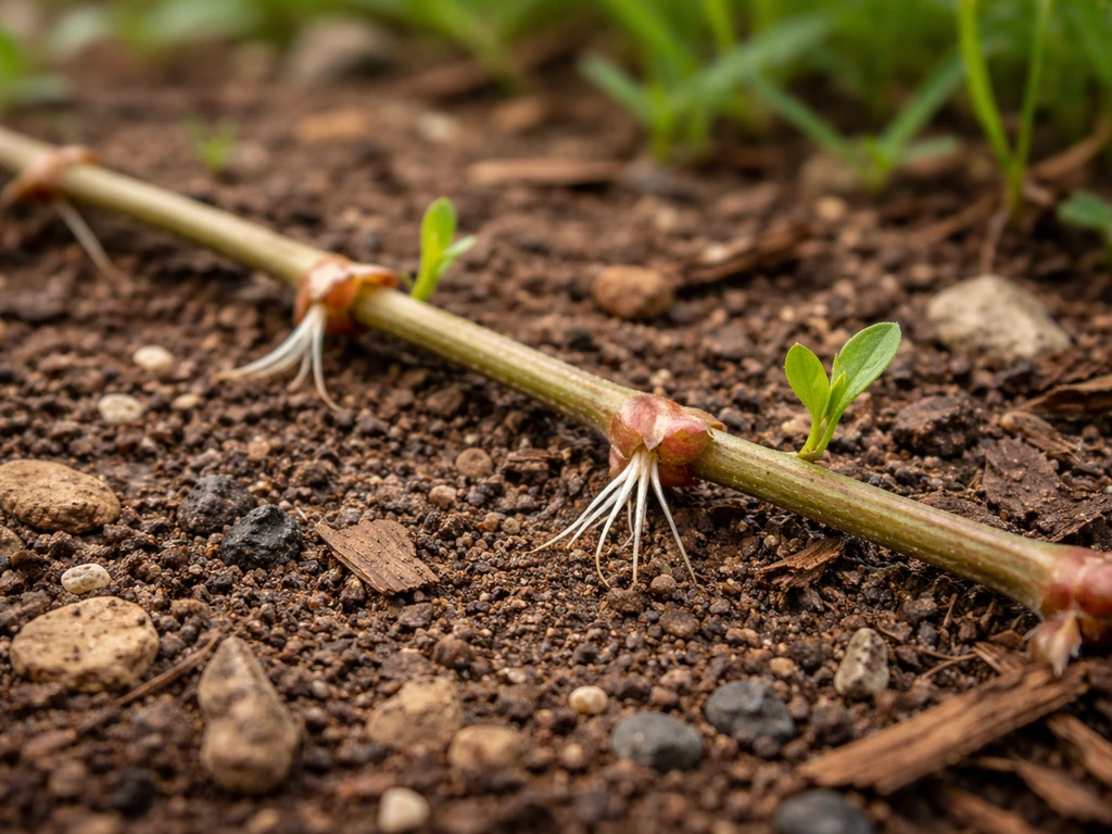Close-up of low stolon-like runners near soil, with nodes where roots and new shoots form.