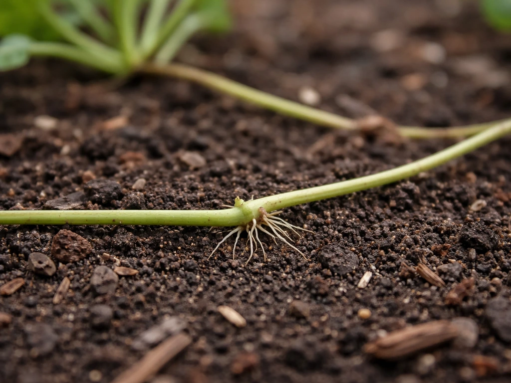 Close-up of a spreading plant stem with a node touching soil and rooting, plus a background hint of other growth undergr