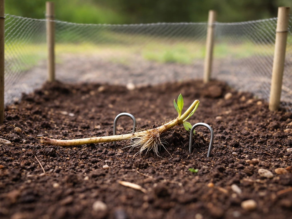 Freshly pinned stolon section with tiny roots and emerging shoots, protected by a simple barrier outdoors.