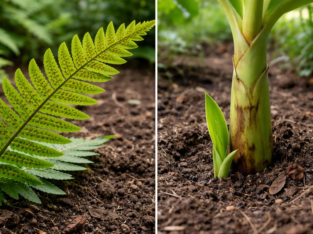 Close-up of a fern with spore sori and a banana plant sucker emerging from soil, seedless plants theme.