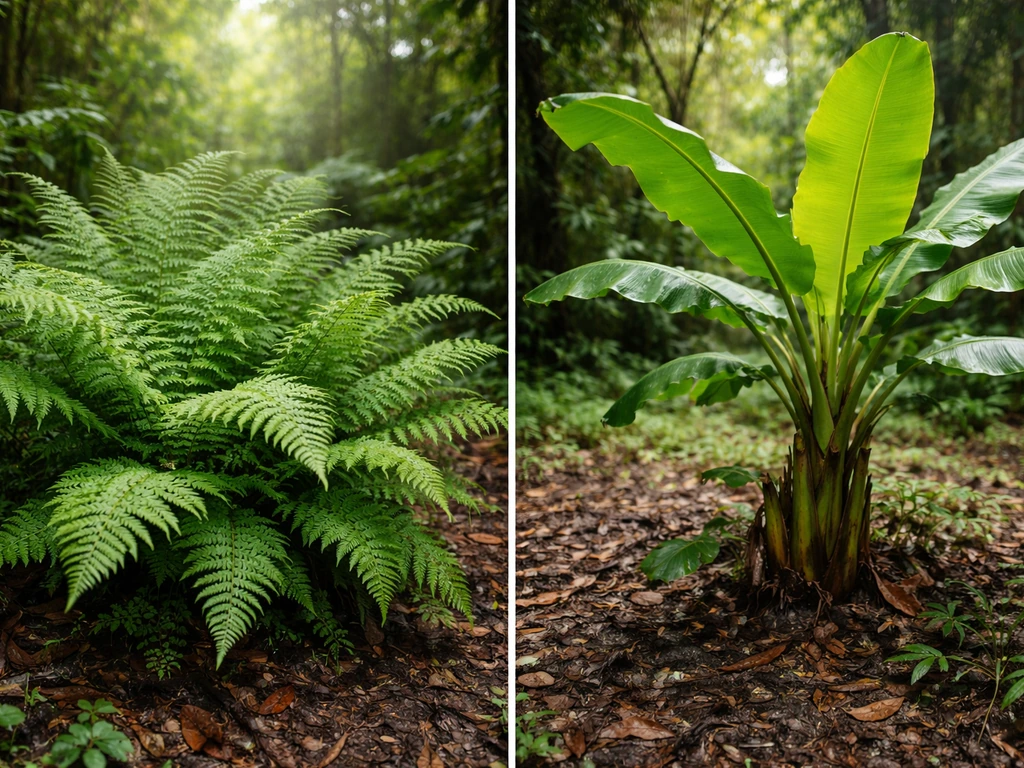 Side-by-side ferns and a cultivated banana plant growing in a shaded, moist forest floor.