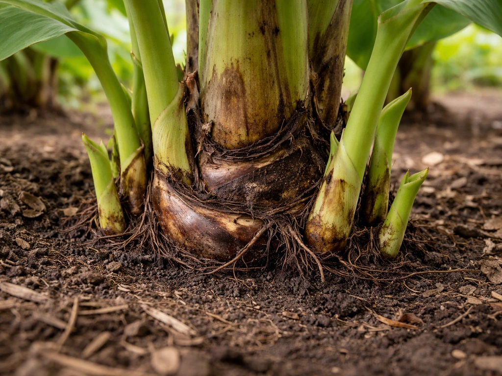 Cultivated banana plant base with underground corm and fresh green suckers emerging from soil.