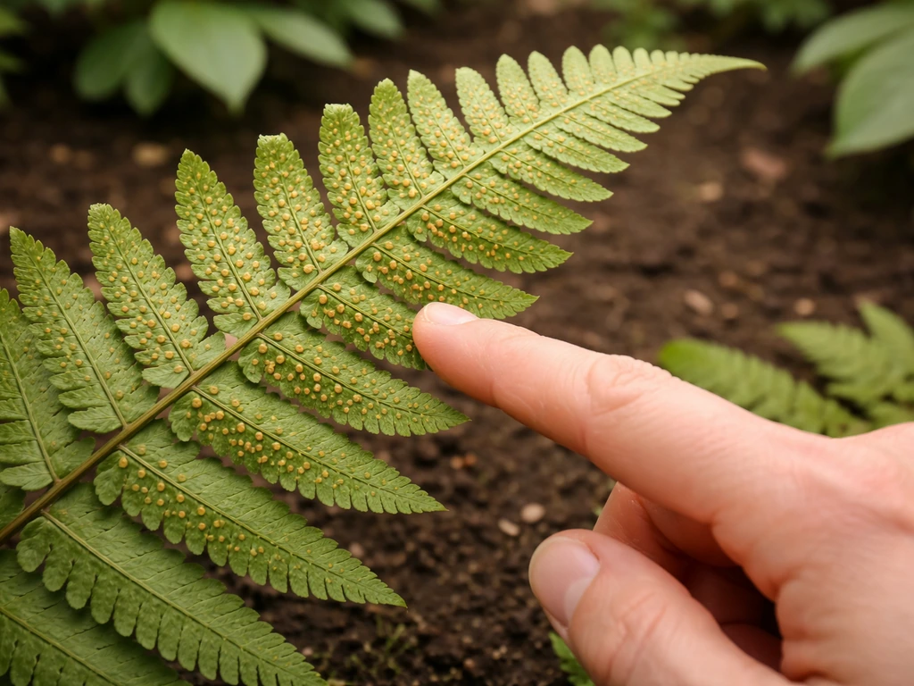 Close-up of a garden plant frond with visible fern sori; a hand gently points to non-seed structures