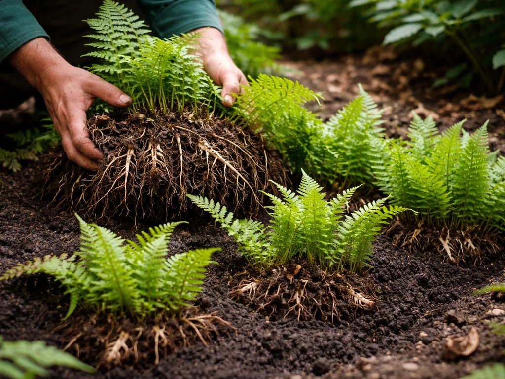 Hands separate a fern clump into rhizome sections and replant them in moist soil.