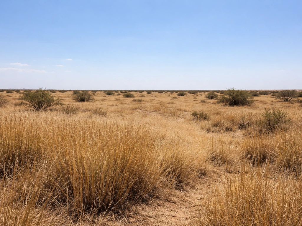 Sunlit dry savanna grassland with dense grasses and dusty open terrain under a clear blue sky.
