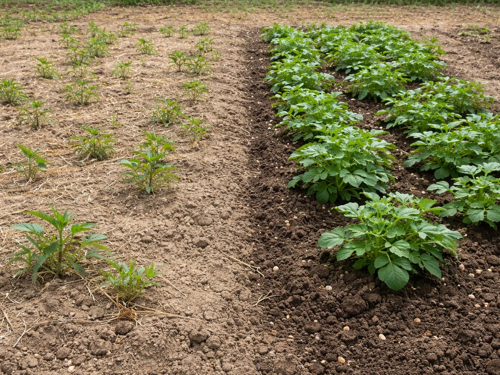 Two adjacent plots: pale, sparse growth in low-nitrogen soil vs darker, lush growth in fertilized soil.