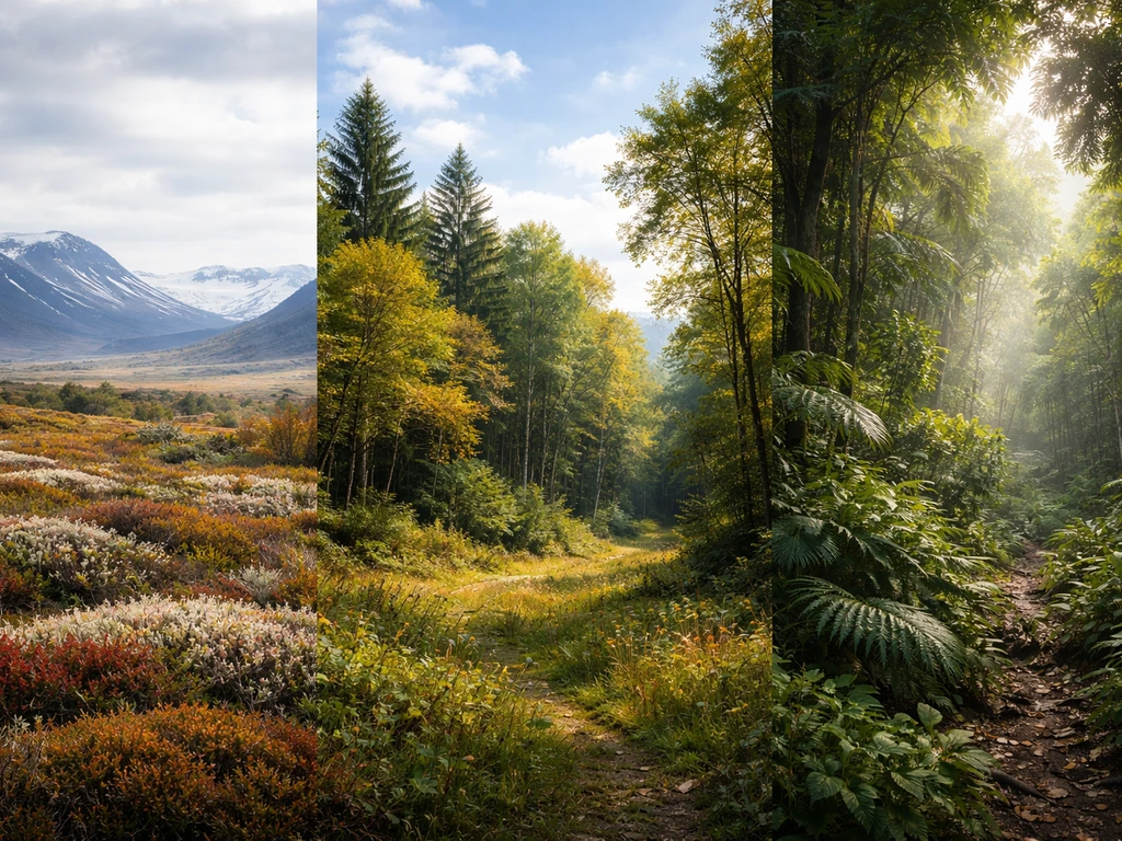 Wide natural scene collage showing distinct vegetation zones from cold tundra to tropical jungle.