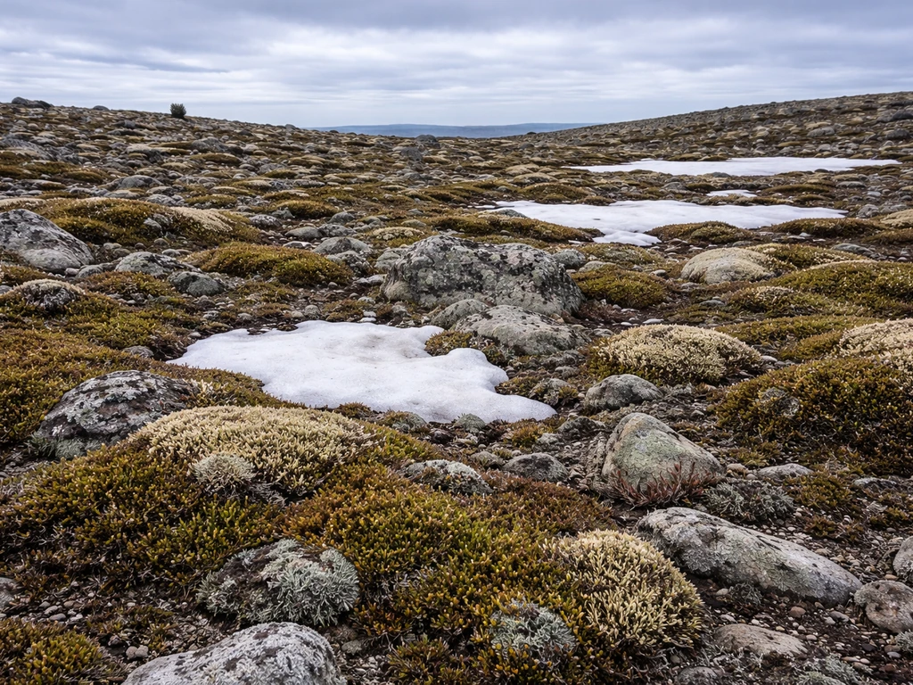 Wind-swept arctic tundra with cushion plants, moss on rocky ground, and small snow patches.