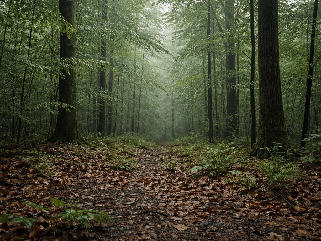 Layered temperate deciduous forest floor with broadleaf trees, misty light, and fresh leaf litter after rain.