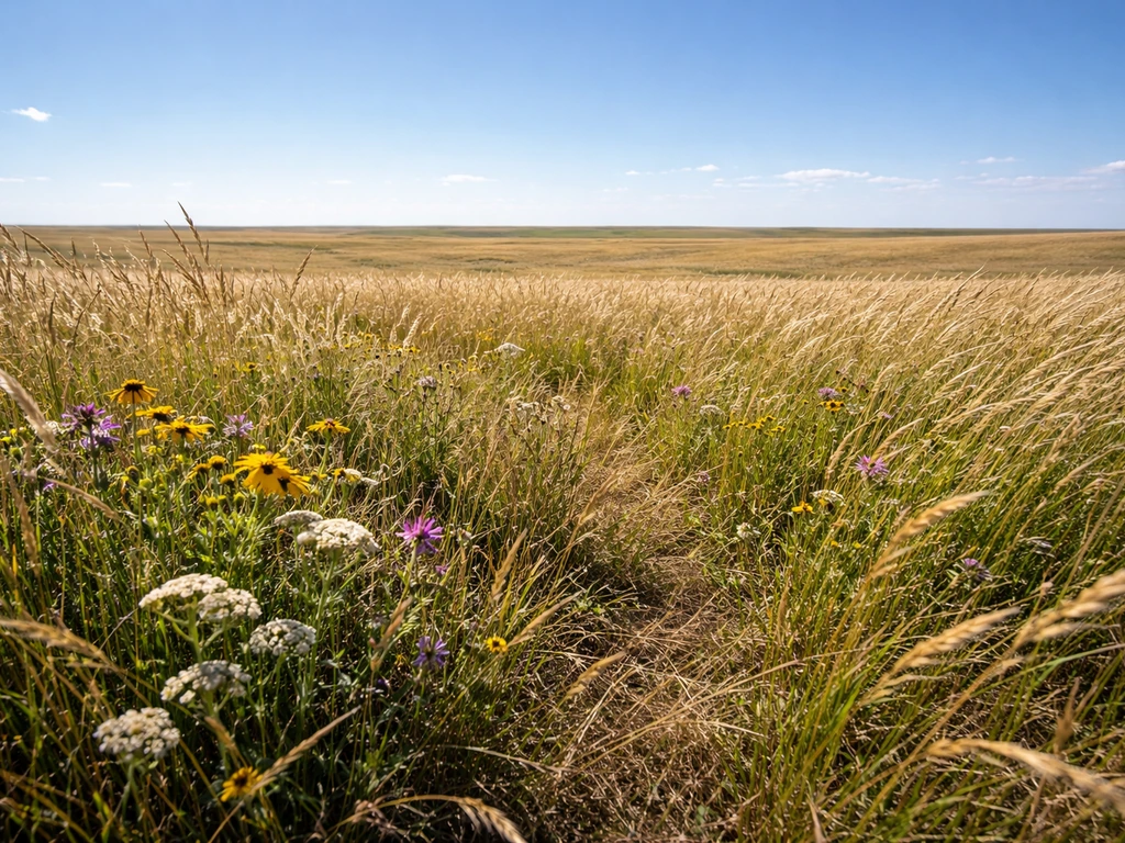 Dense native grasses and wildflowers in a bright prairie under strong sunlight with an open horizon.