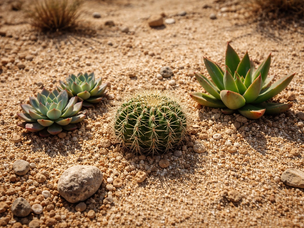 Drought-tolerant cactus and desert succulents on sandy rocky ground under harsh sunlight