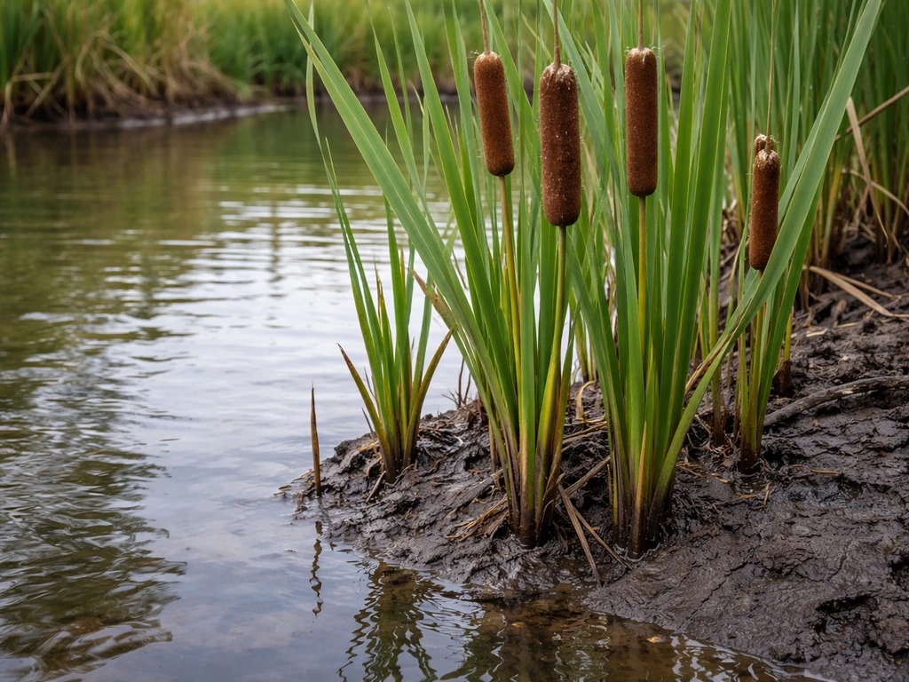 Cattails growing at the edge of shallow flooded water with saturated soil and reflections