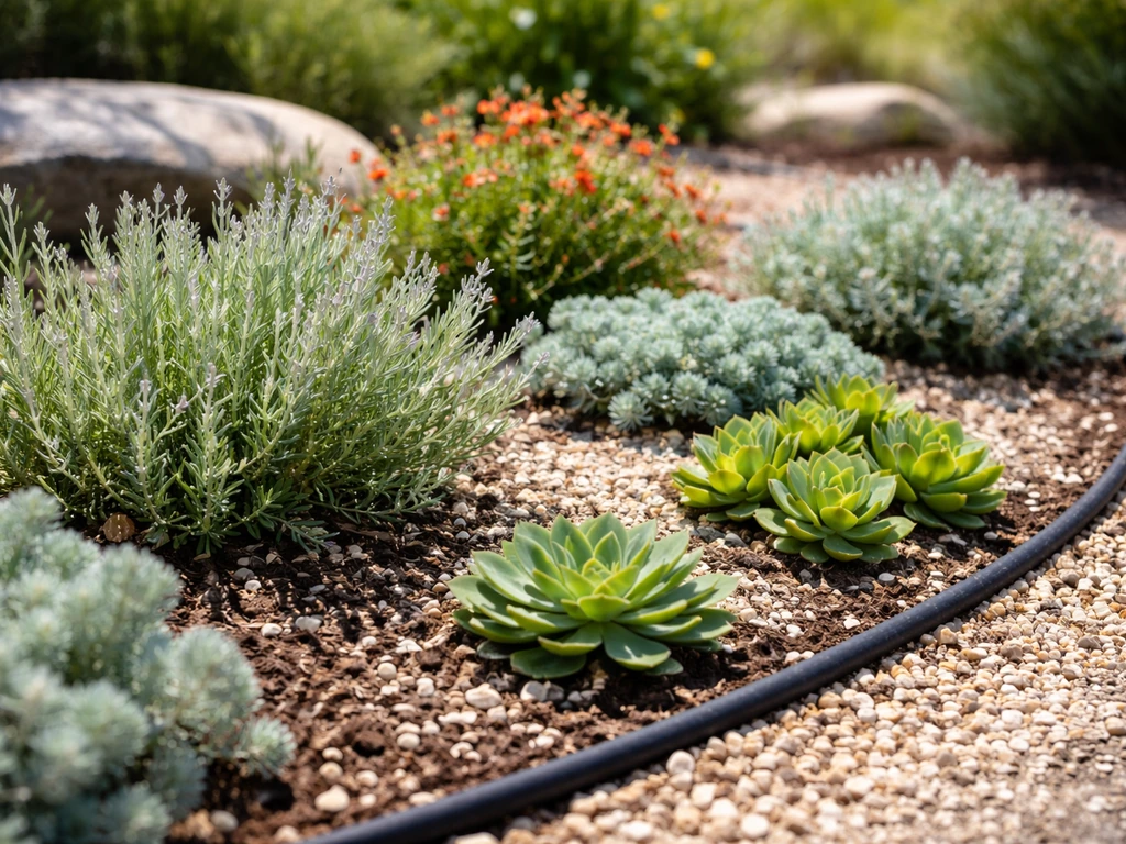 Vibrant drought-tolerant plants in a well-draining garden bed with hints of low-irrigation landscaping.