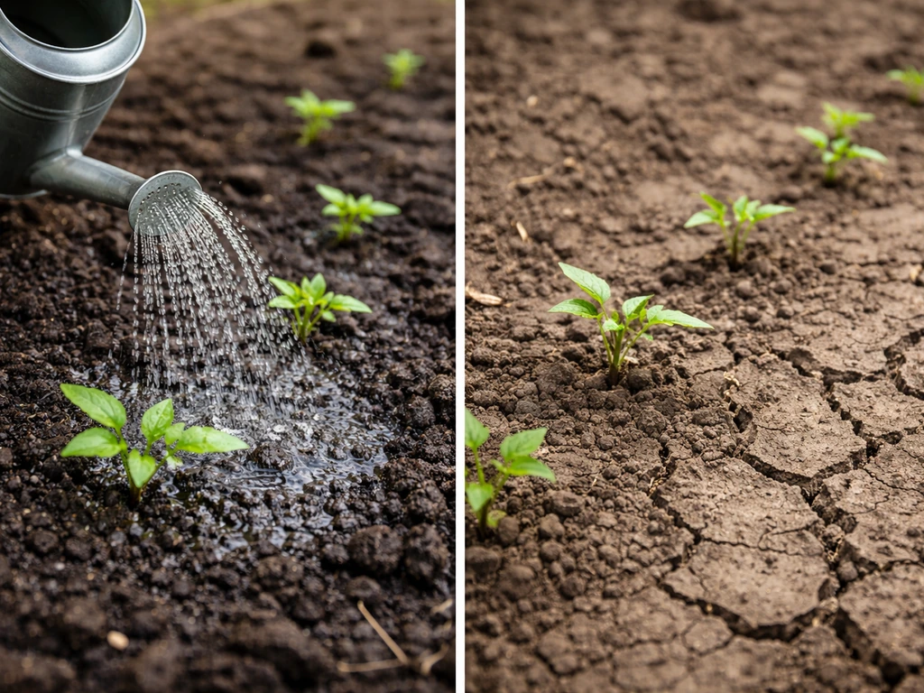 Two side-by-side gardening scenes: watering can and dry soil bed showing low-water vs drought-tolerant contrast