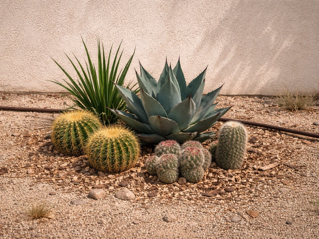 Cacti, agave, and yucca in gritty soil with sparse drip irrigation in a dry xeric garden.