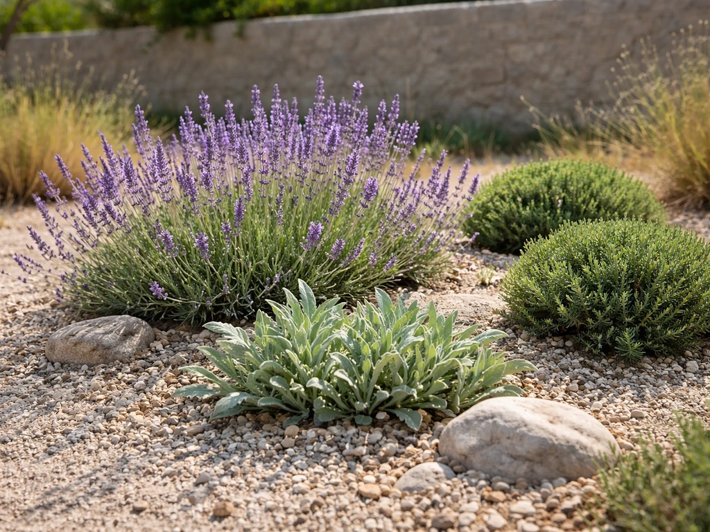 Lavender and drought-adapted ornamentals in a well-draining gravel bed under bright dry-summer light.