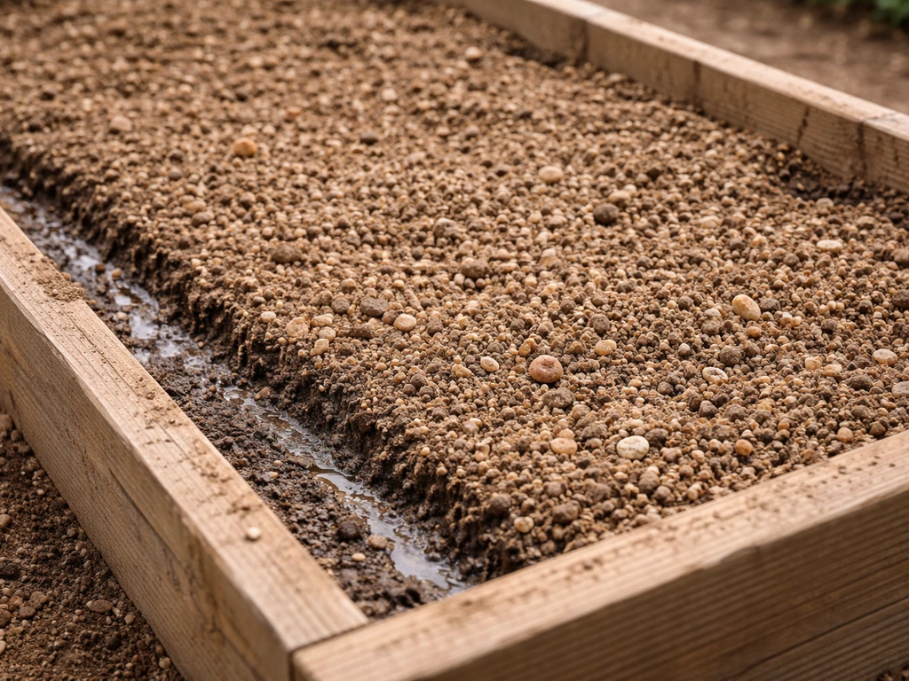Close-up of gritty amended soil in a raised garden bed with clear drainage, not soggy