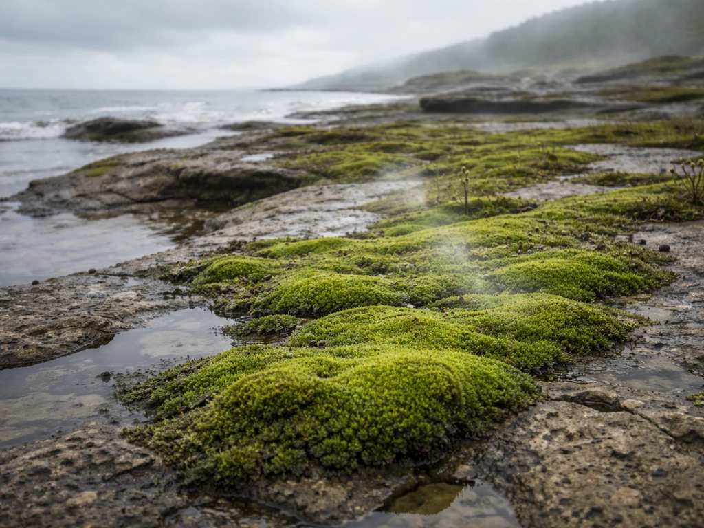 Mossy bryophyte-like mats colonizing damp shoreline rocks as misty spores drift in the air.