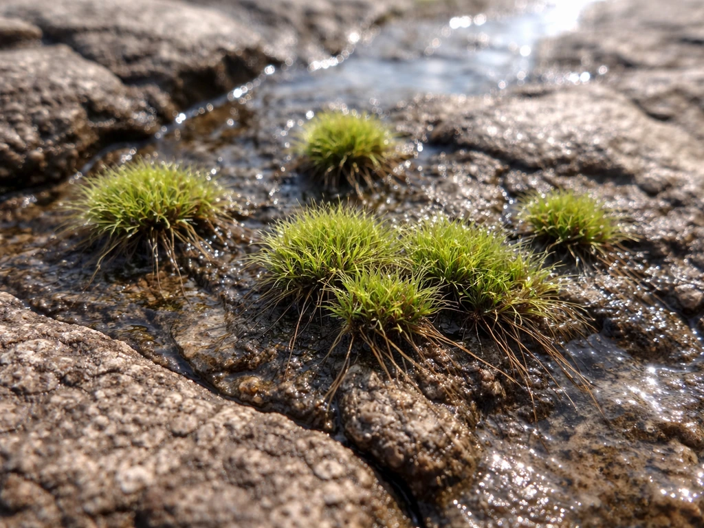 Early land plants clinging to a rocky surface with thin water film, primitive rhizoids, and bright UV glare