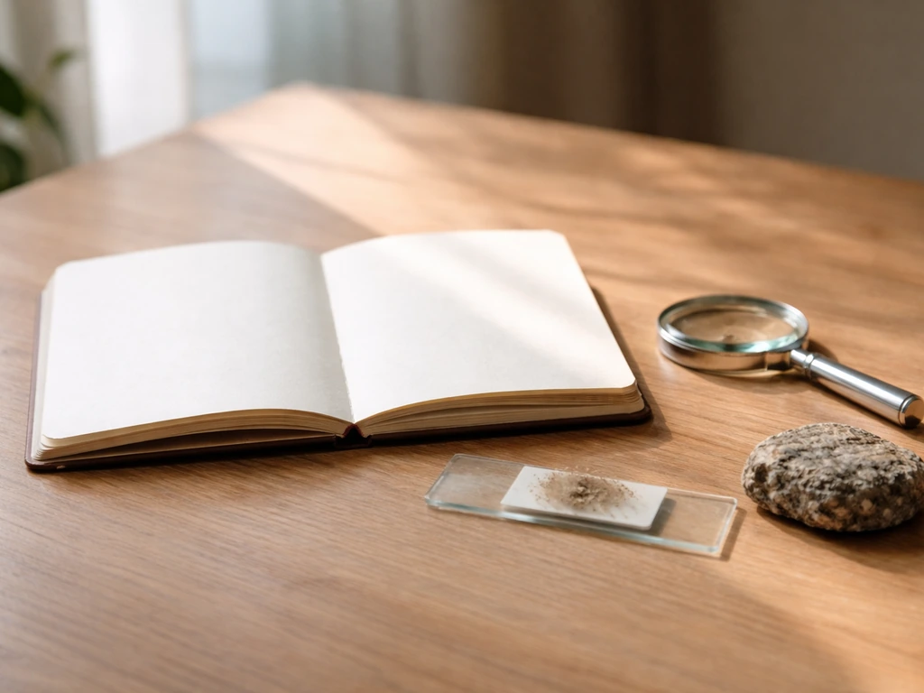 Minimal field research setup: notebook, hand lens, slide prep, and rock sample on a wooden table.