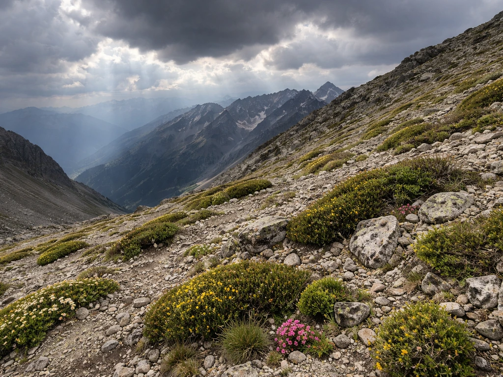 Alpine vegetation above treeline on a steep mountain slope under dramatic sky