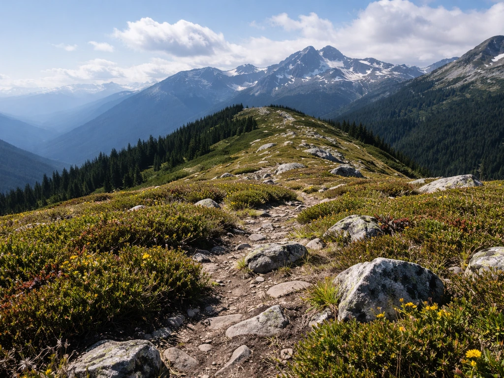 Alpine meadow above the treeline with low shrubs and distant rocky peaks under clear sky