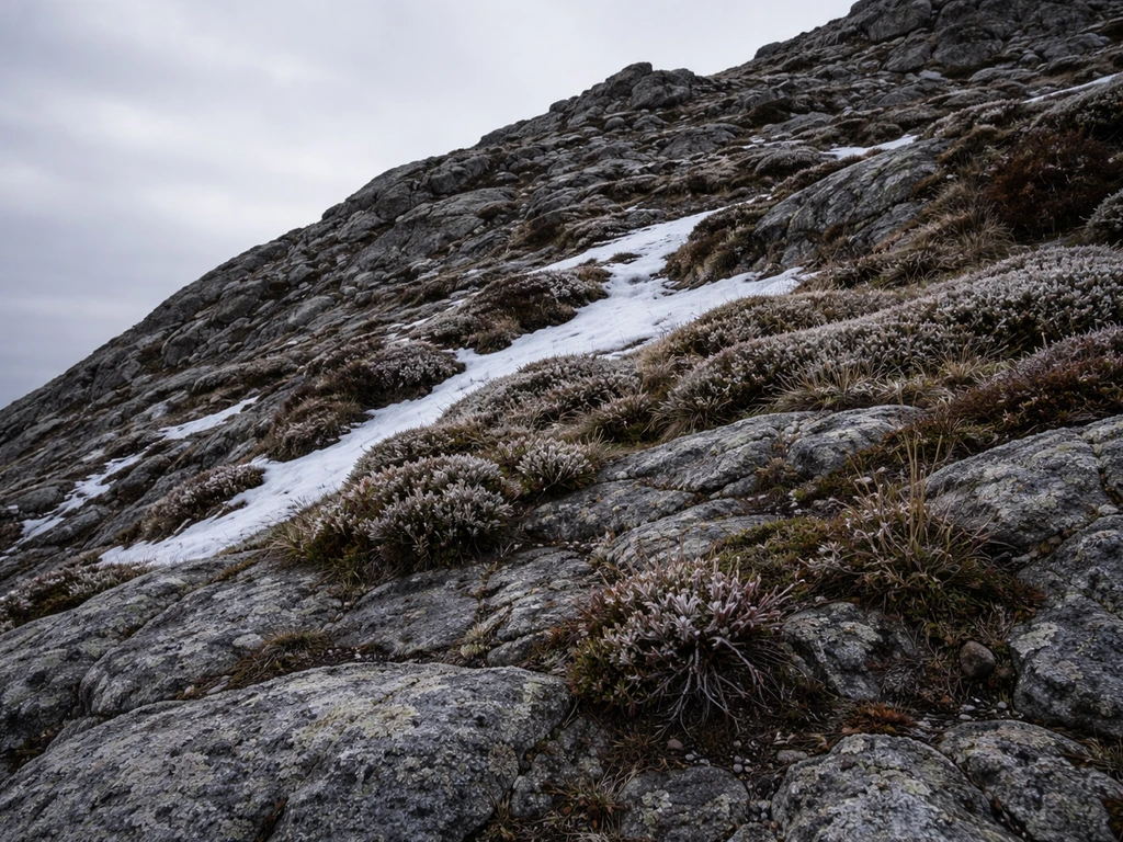 Rocky alpine slope with sparse plants and small snow/frost patches indicating colder higher altitude.