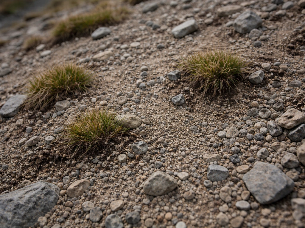 Close-up of shallow alpine soil with gravel, patchy grasses, and dry rocky substrate.
