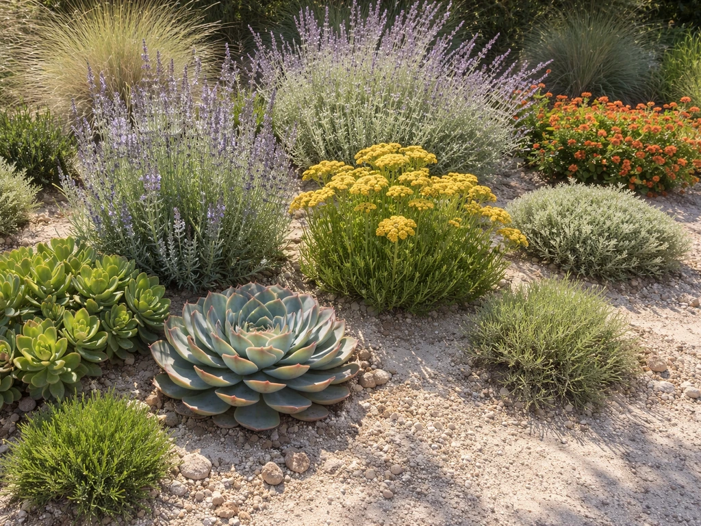 Thriving drought-tolerant plants growing in dry pale alkaline soil in bright natural light.
