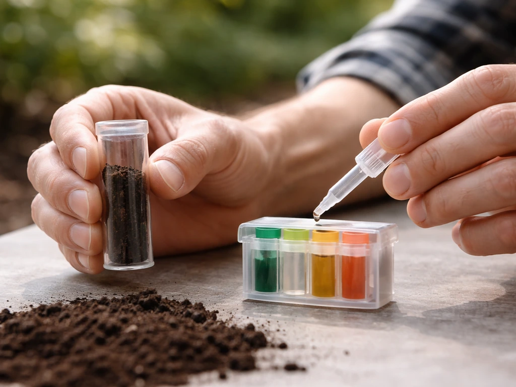 Hand holding a soil test kit over soil, with a simple pH scale showing neutral and alkaline ranges.