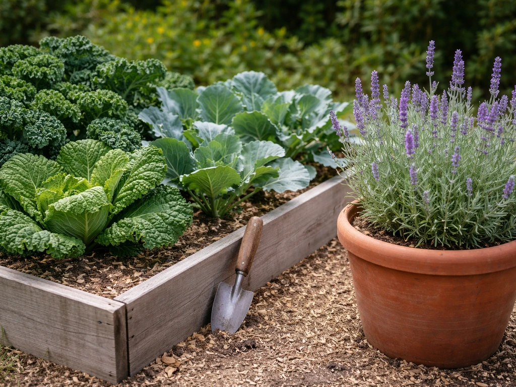 Raised bed mixing kale and cabbage with lavender, thriving in light, dry soil.