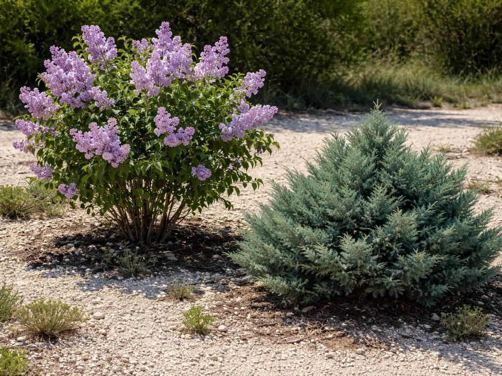 Lilac shrub and a juniper conifer growing in dry, calcareous-looking garden soil with pale stones