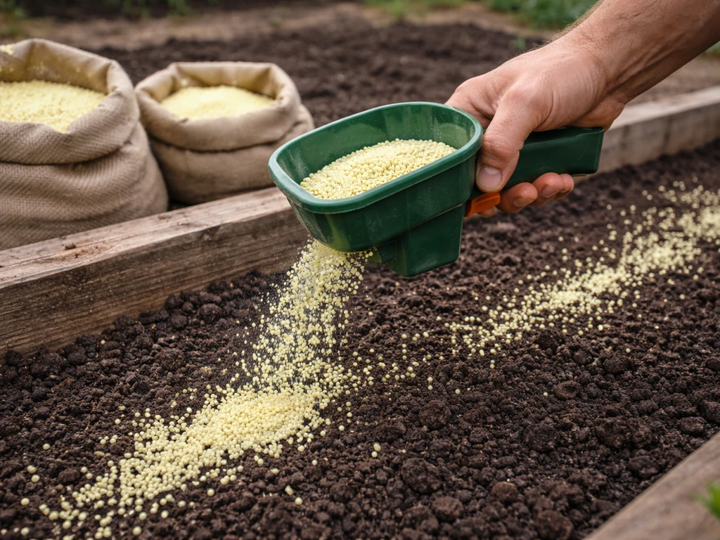 Granular pale-yellow sulfur spread onto a raised garden bed with bags and a hand spreader in view.