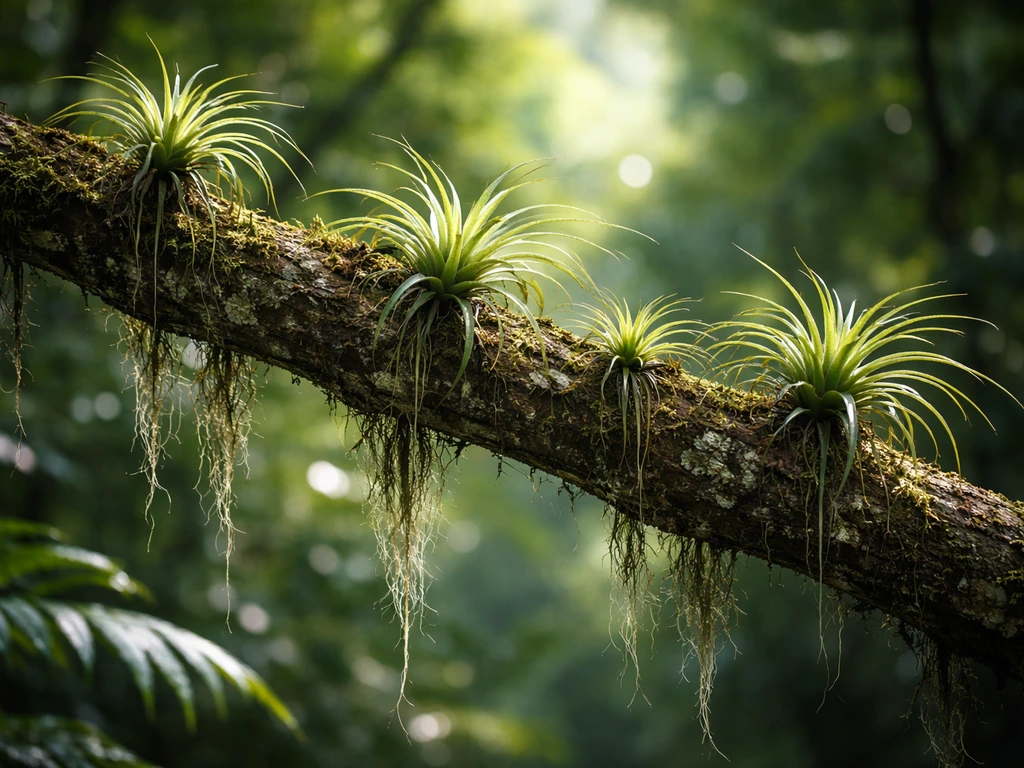 Epiphytes and tillandsia-like aerial plants growing on a tree branch in dappled rainforest canopy light.