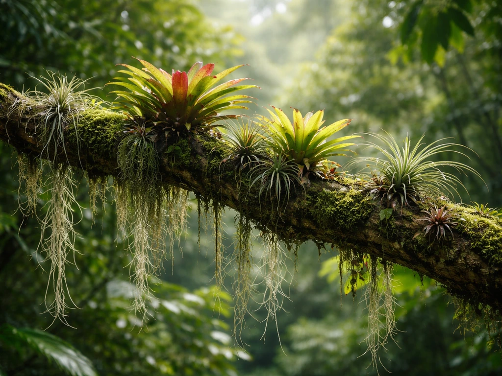 Bromeliads and tillandsia epiphytes thriving on a rainforest tree branch high in the canopy.