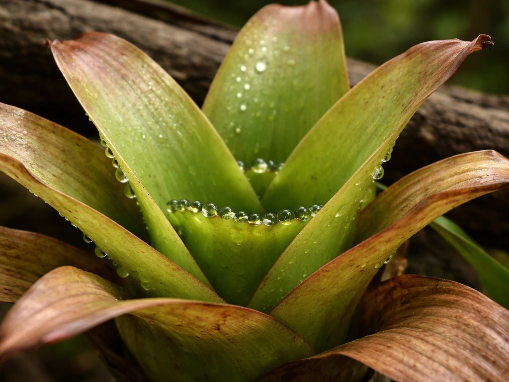 Close-up of an epiphyte rosette with water beading and surrounding leaves drying in a humid wet-then-dry cycle