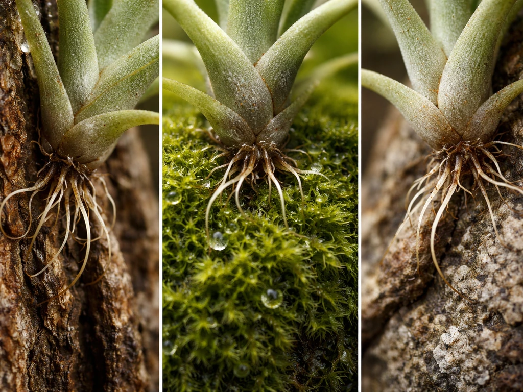 Macro epiphytes gripping rough bark, moss, and a weathered rock with visible holdfasts.