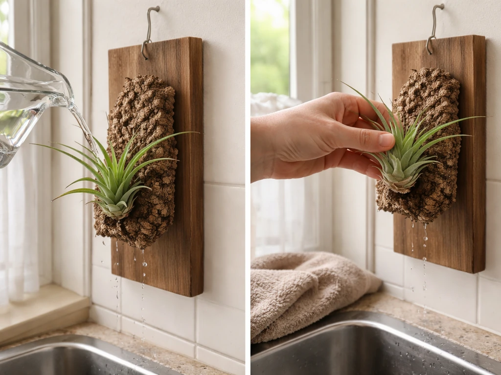 Mounted air plant on cork bark being soaked and then gently shaken to remove excess water.