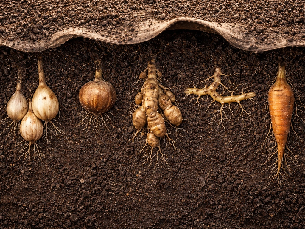 Top-down cutaway view of soil showing bulbs, tubers, rhizomes, and other underground plant structures at different depth