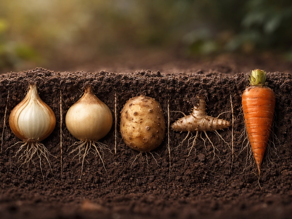 Close-up of five unlabeled underground plant structures in clear labeled-free soil cross-sections
