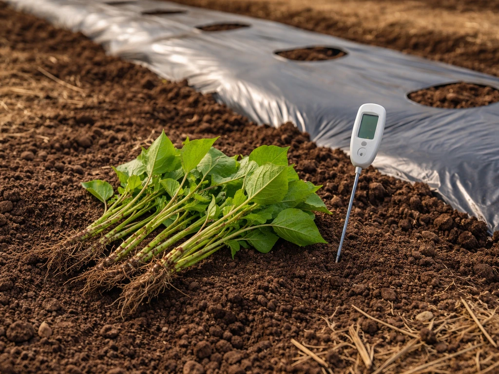 Close-up of sweet potato slips laid beside warm, freshly tilled soil under black mulch with a soil thermometer.