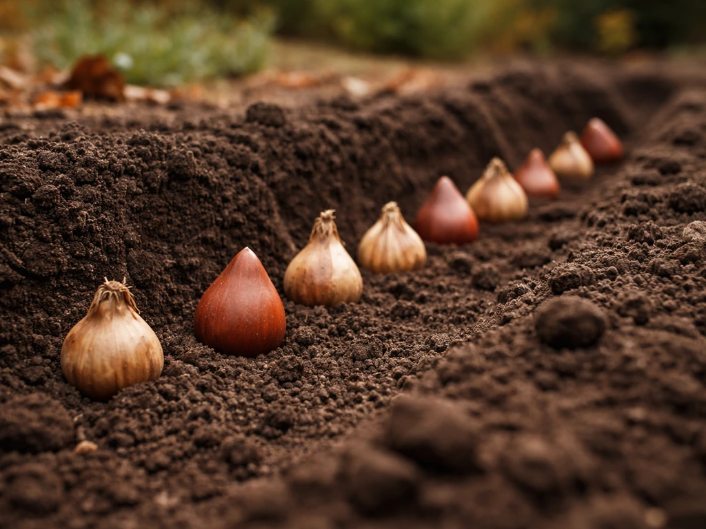 Tulip and daffodil bulbs lined up in prepared soil, ready for fall planting