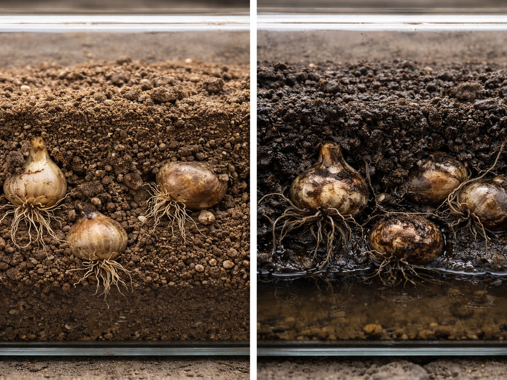 Split view: healthy bulbs in dry, well-draining soil vs rotted bulbs in waterlogged soil.