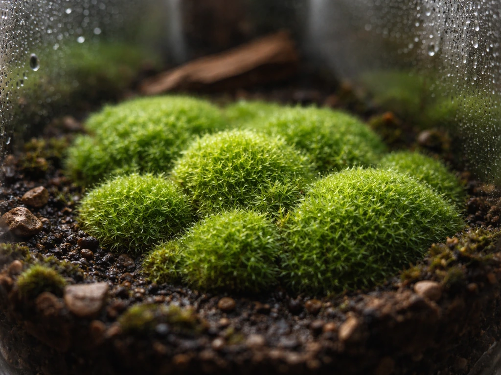 Close-up of cushion moss inside a sealed terrarium with moist substrate and visible condensation